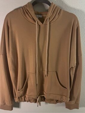 Crescent Scoop-Neck Drawstring Hoodie Sweater in Camel